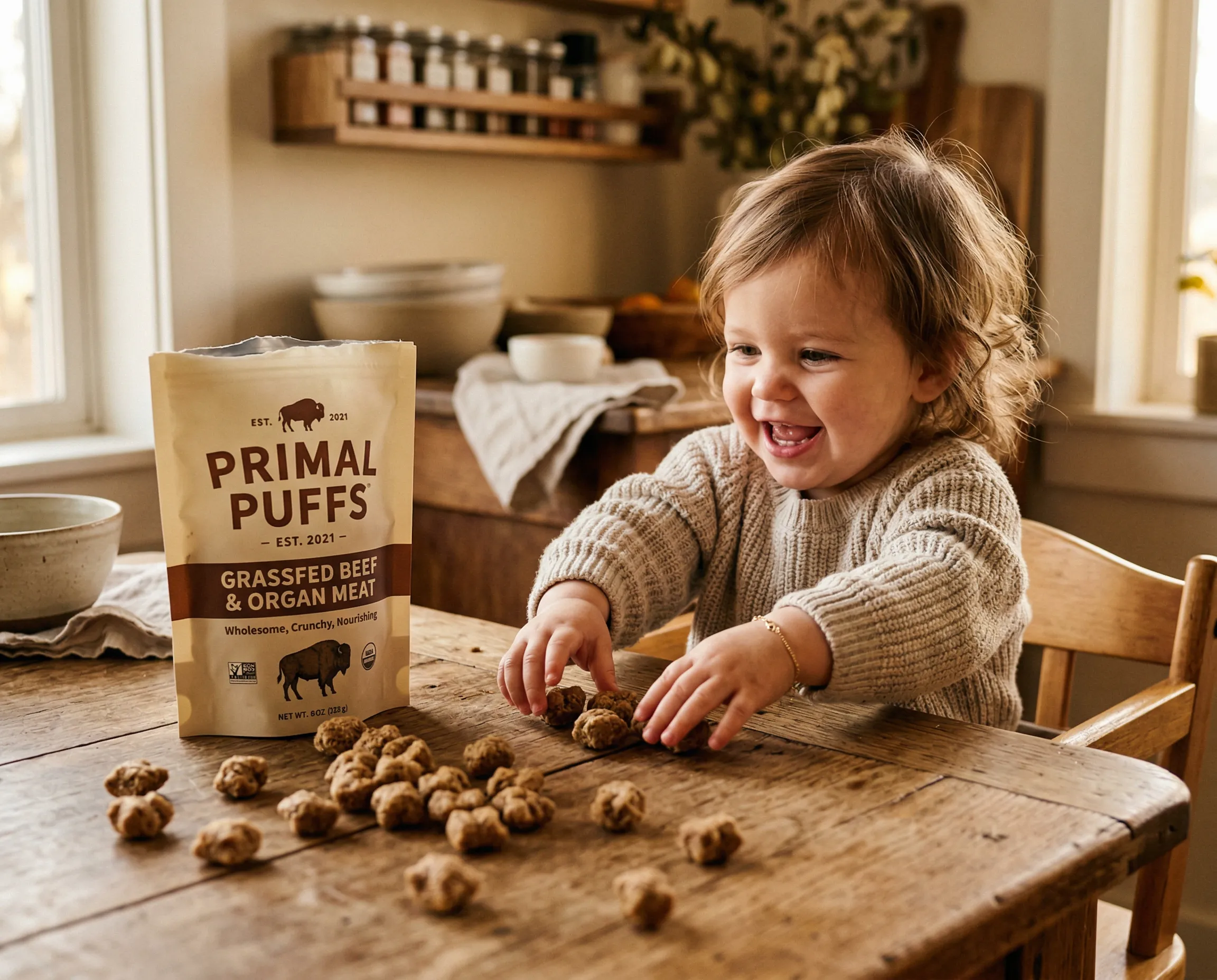 Happy toddler enjoying Primal Puffs meat snacks